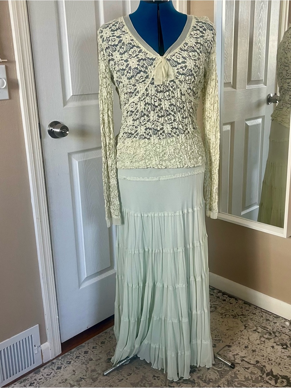 Dreamy, ethereal Calvin Klein tiered maxi skirt and sheer lace long sleeve top